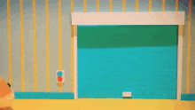 a stuffed animal is standing in front of a garage door .