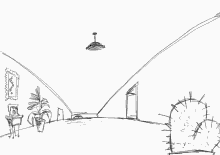 a black and white drawing of a room with a cactus and a lamp hanging from the ceiling