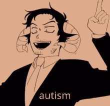 a black and white drawing of a man in a suit and tie with horns and the word autism on the bottom .