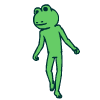 a green frog is standing on its hind legs and looking at the camera .