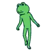 a green frog is standing on its hind legs and looking at the camera .