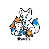 a sticker of two foxes roasting marshmallows with the words glow up underneath