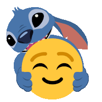 stitch is hugging a yellow smiley face with a smile on its face