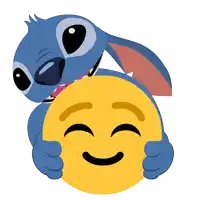 stitch is hugging a yellow smiley face with a smile on its face