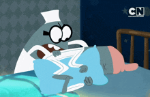 an advertisement for cartoon network shows a cartoon character in bed
