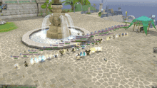 a large group of people are gathered around a fountain in a video game with a green tent in the background