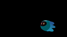 a blue object with a red eye is floating in the air on a black background