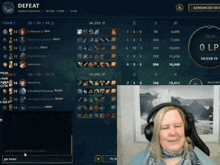 a woman wearing headphones is playing league of legends and says get fuckin