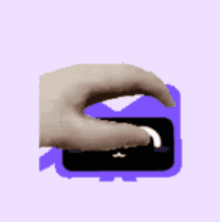 a hand is putting a sticker on a purple box with a face on it .