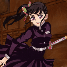 a girl in a purple dress holds a sword in her hand