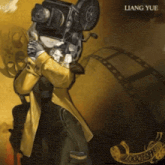 a man with a camera on his head and the name liang yue below him