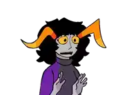 a cartoon drawing of a troll with a purple shirt and orange horns