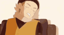 a cartoon character is sitting on a couch with his mouth open and a scarf around his neck .