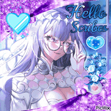 a picture of a girl with glasses and the words hello scribes above her