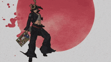 a cartoon drawing of a samurai holding a briefcase in front of a red sun