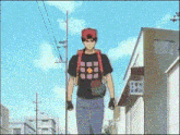 a man is walking down a street with a sign that says ' bb ' on it