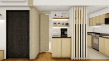 a kitchen with wooden cabinets and a coffee machine