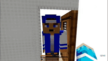 a man in a blue jacket is standing in a doorway in a minecraft video game