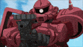 a red robot with the number 2.0 on it 's arm