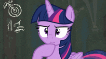 twilight sparkle from my little pony stands in front of a blackboard with math equations on it
