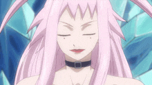 a girl with pink hair and a black choker looks down with her eyes closed