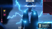 a man in a suit is standing in front of a lightning bolt and says gg buddy