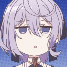 a close up of a cartoon character with purple hair