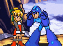 a pixel art drawing of roll and mega man standing next to each other