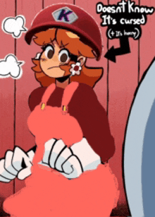 a cartoon drawing of a girl wearing overalls and a hat that says k on it