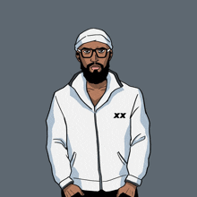 a man with a beard and glasses wears a white jacket with the letter xx on the front