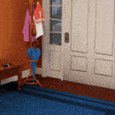 a blue umbrella is sitting on a stand in a hallway
