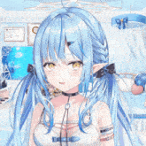 a girl with blue hair has a certificate on the wall that says ' a ' on it