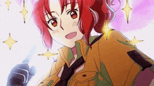 a girl with red hair and green eyes is holding a knife in her hand .