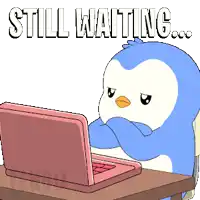 a penguin is sitting at a desk with a laptop and the words still waiting behind him
