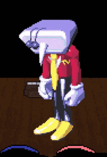 a pixel art drawing of a cartoon character wearing a red jacket and tie