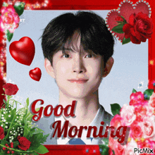 a picture of a man with the words good morning