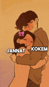 a cartoon of a man hugging a woman with the words jannat kokem written below them
