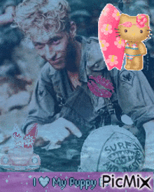 a picture of a man with a hello kitty and the words i love my puppy