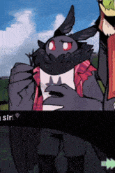 a cartoon character is holding a piece of paper that says " sir "