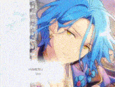 a close up of a person with blue hair and the name himeru leo on the bottom