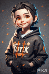 a boy wearing a hoodie that says totek