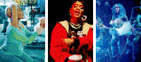 a collage of three pictures of a woman in a living room , a red jacket , and a blue dress .