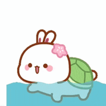 a cartoon rabbit with a flower on its head is swimming in the water with a turtle .