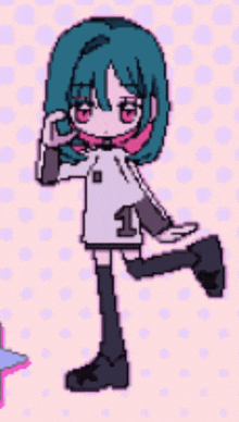 a pixel art drawing of a girl with blue hair and pink eyes