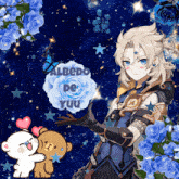 a picture of albedo de yuu with blue roses and stars