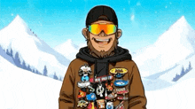 a cartoon of a snowboarder wearing goggles and a hoodie