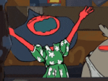 a cartoon character in a green and white dress is raising her arms in the air