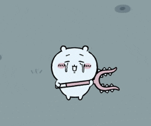 a cartoon drawing of a white bear holding a pink object with its mouth open