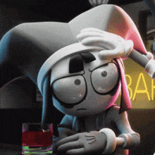a cartoon character is sitting at a table with a glass of liquid in front of a sign that says bar
