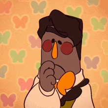 a cartoon drawing of a man with glasses and a bow tie with butterflies in the background